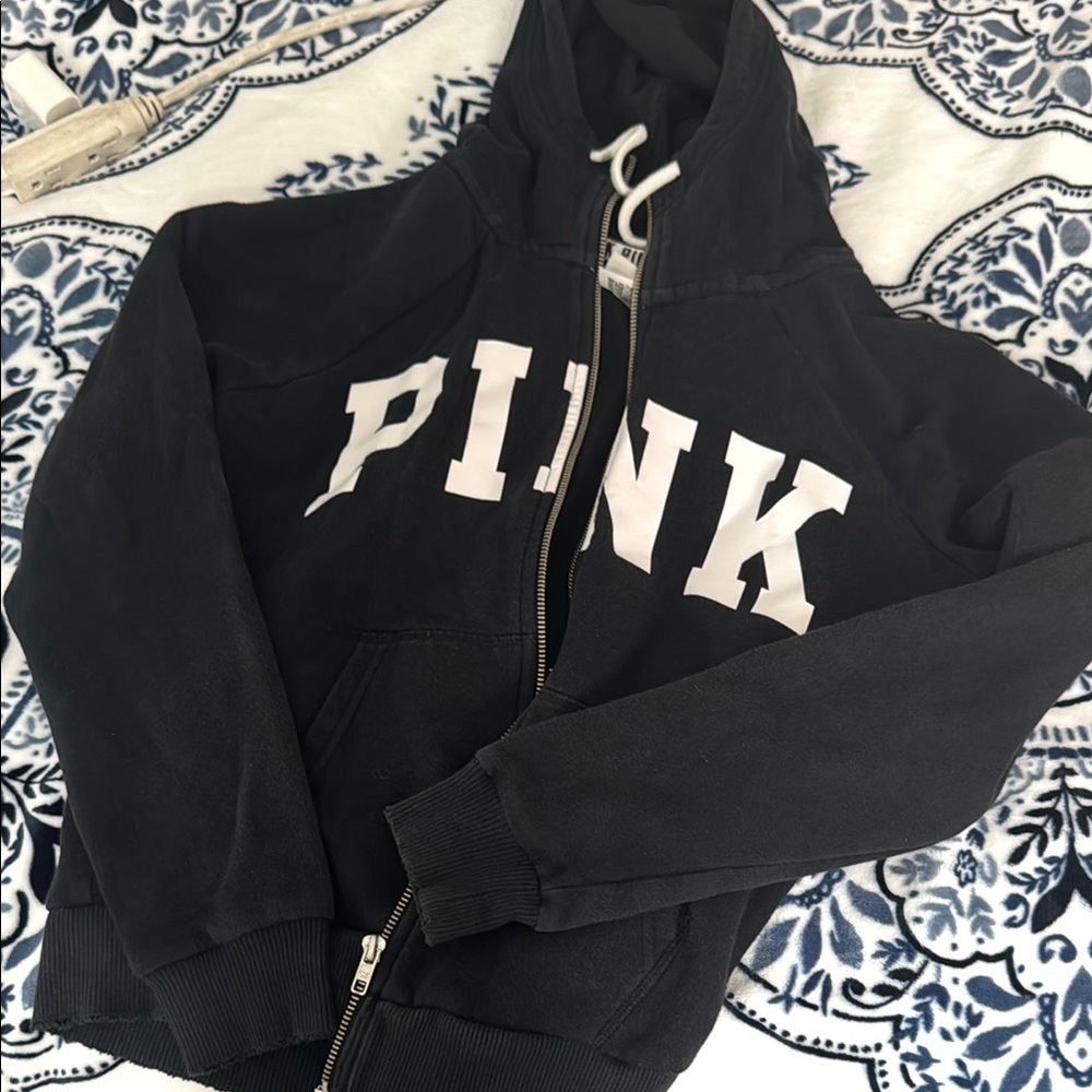 Victoria's Secret Black Zip-Up with White PINK Detail